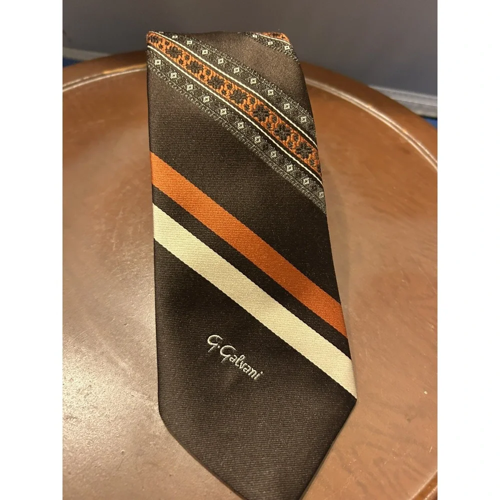 G Galvani Neck Tie Brown Orange‎ Geometric Striped Polyester Vintage